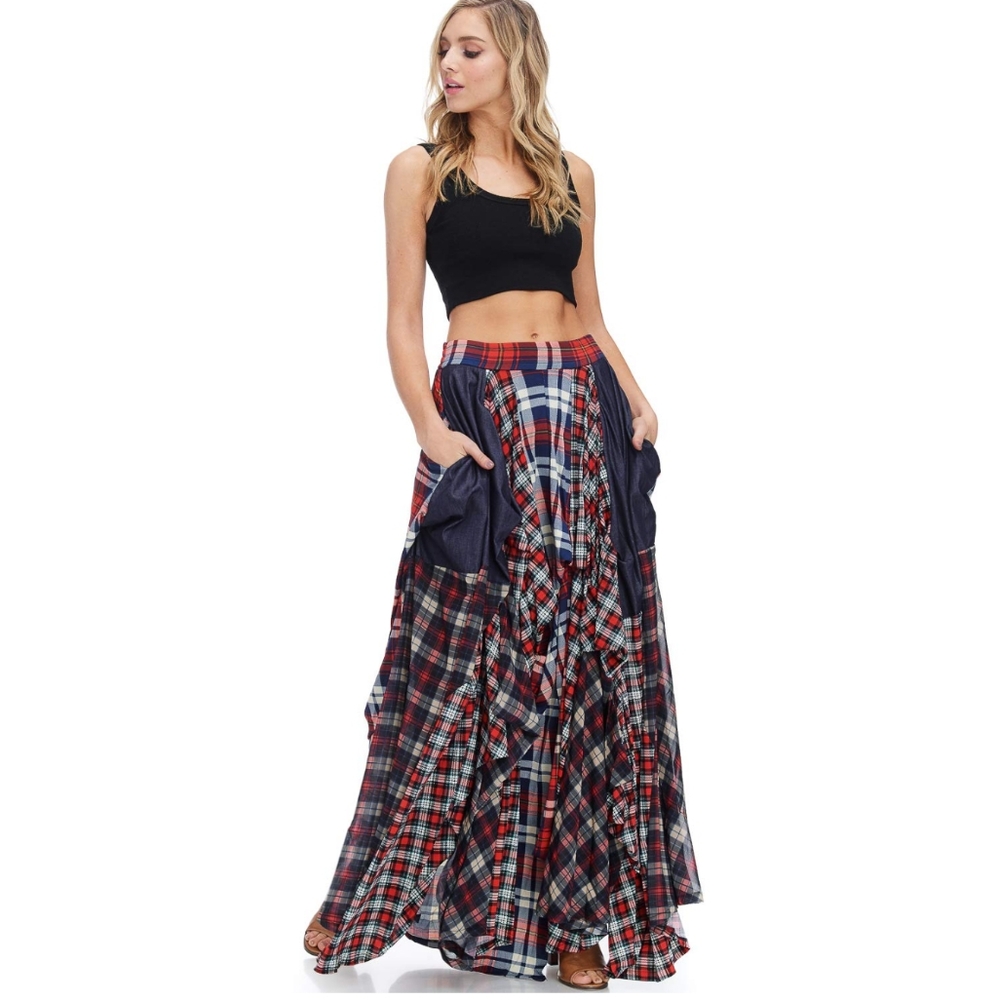 Boho Blue & Red Plaid Multicolor Tov The Damsel`s Asymmetrical Maxi Skirt
